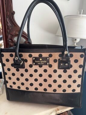 kate spade Black and Beige Polka Dot Canvas Tote